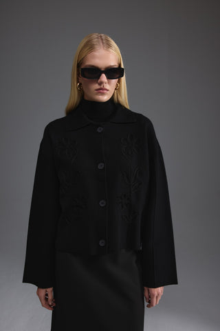 Nakış Detaylı Triko Ceket - Siyah