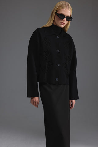 Nakış Detaylı Triko Ceket - Siyah