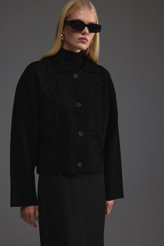 Nakış Detaylı Triko Ceket - Siyah