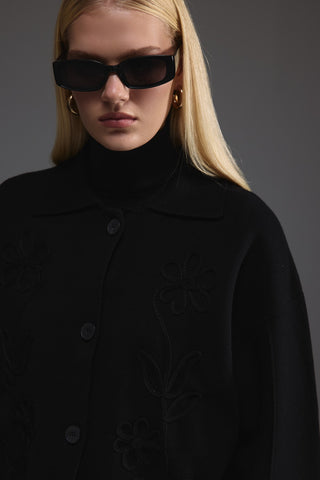 Nakış Detaylı Triko Ceket - Siyah