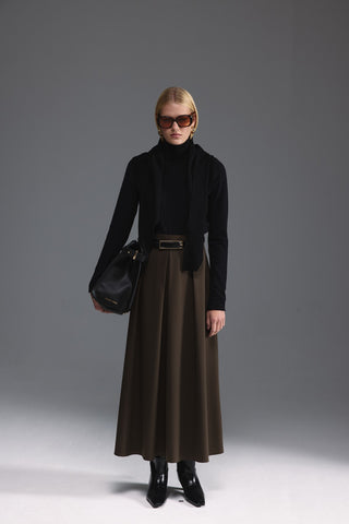 Pileli Midi Etek - Haki