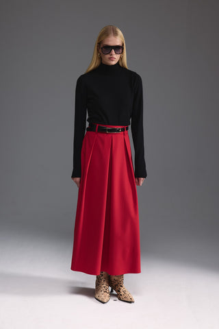 Pileli Midi Etek - Kırmızı