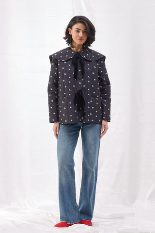 Bebe Yaka Çiçekli Kapitone Ceket - Siyah