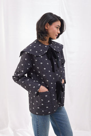 Bebe Yaka Çiçekli Kapitone Ceket - Siyah