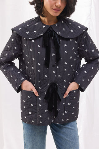 Bebe Yaka Çiçekli Kapitone Ceket - Siyah