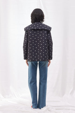 Bebe Yaka Çiçekli Kapitone Ceket - Siyah