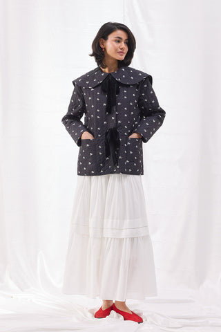 Bebe Yaka Çiçekli Kapitone Ceket - Siyah