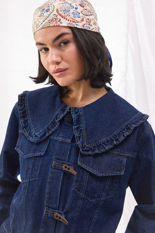 Bebe Yaka Denim Ceket - Koyu Denim