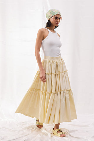 Katlı Poplin Etek - Pastel Sarı