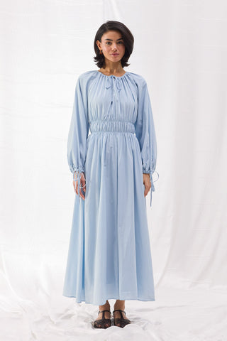 Beli Büzgülü Vual Elbise - Bebe Mavi