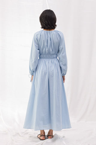 Beli Büzgülü Vual Elbise - Bebe Mavi