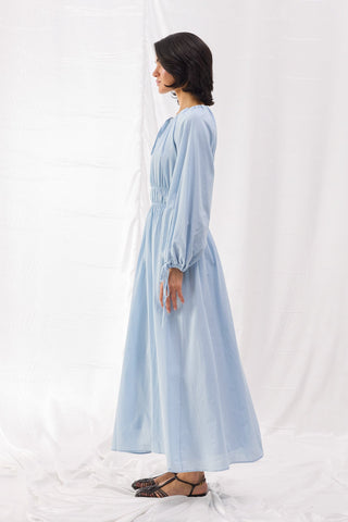 Beli Büzgülü Vual Elbise - Bebe Mavi