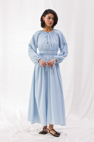 Beli Büzgülü Vual Elbise - Bebe Mavi