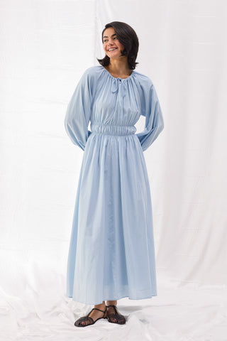 Beli Büzgülü Vual Elbise - Bebe Mavi