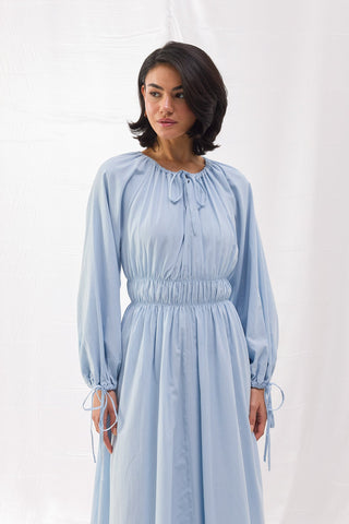 Beli Büzgülü Vual Elbise - Bebe Mavi