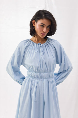 Beli Büzgülü Vual Elbise - Bebe Mavi