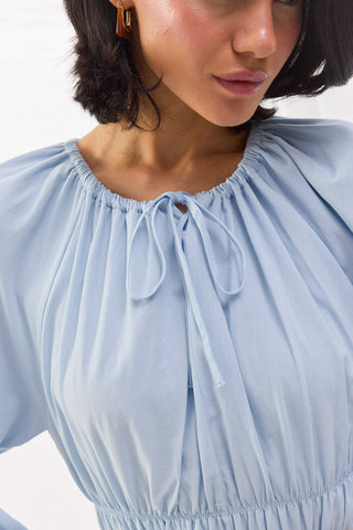 Beli Büzgülü Vual Elbise - Bebe Mavi