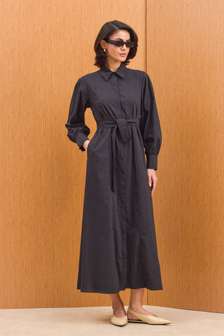 Çift Kuşaklı Gömlek Elbise - Siyah