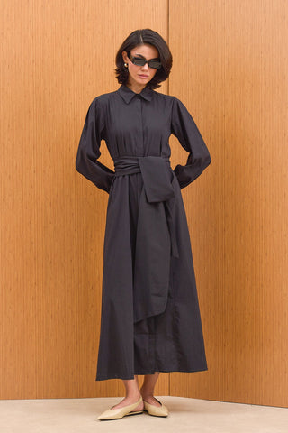 Çift Kuşaklı Gömlek Elbise - Siyah