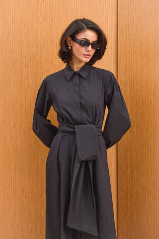 Çift Kuşaklı Gömlek Elbise - Siyah