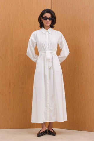 Çift Kuşaklı Gömlek Elbise - Beyaz