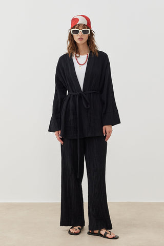 Müslin Kuşaklı Kimono - Siyah