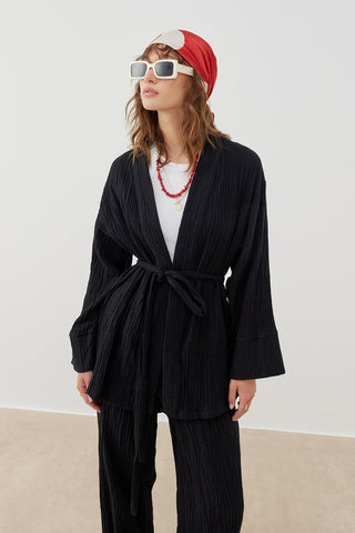 Müslin Kuşaklı Kimono - Siyah