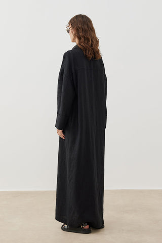 Keten Oversize Kuşaklı Elbise - Siyah