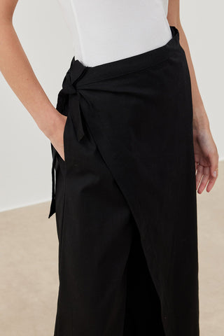 Keten Görünümlü Pareo Pantolon - Siyah