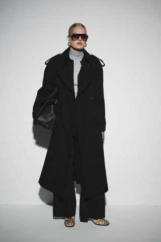 Uzun Kemerli Kruvaze Trençkot - Siyah