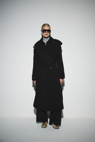 Uzun Kemerli Kruvaze Trençkot - Siyah