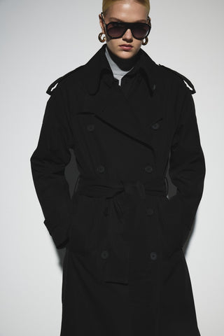 Uzun Kemerli Kruvaze Trençkot - Siyah
