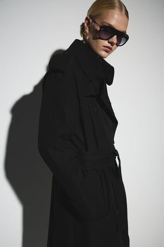 Uzun Kemerli Kruvaze Trençkot - Siyah