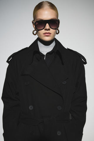 Uzun Kemerli Kruvaze Trençkot - Siyah