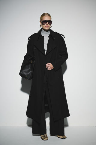 Uzun Kemerli Kruvaze Trençkot - Siyah