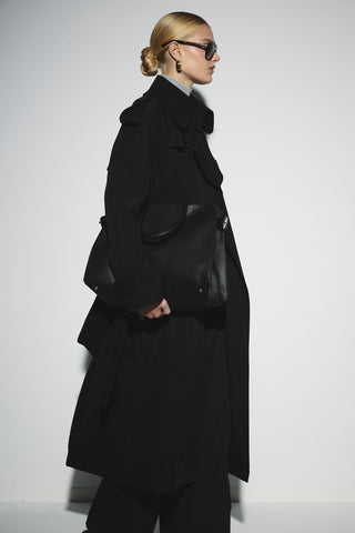 Uzun Kemerli Kruvaze Trençkot - Siyah