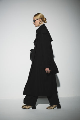 Uzun Kemerli Kruvaze Trençkot - Siyah