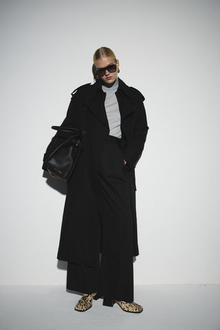 Uzun Kemerli Kruvaze Trençkot - Siyah