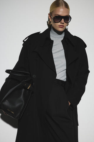 Uzun Kemerli Kruvaze Trençkot - Siyah